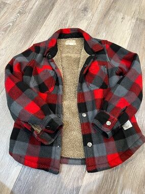 Kids Red, Black & Gray Plaid Sherpa-Lined Puffer Jacket